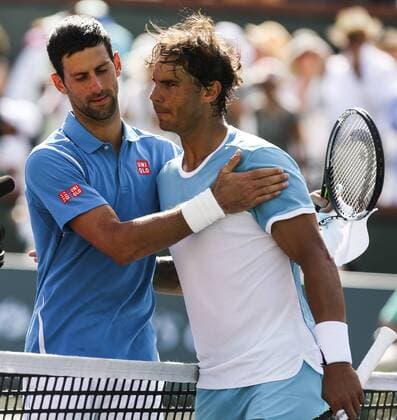 (160320) -- INDIAN WELLS, March 19, 2016 -- Novak Djokovic of Serbia(L) greets Rafael Nadal of Spain after their men singles semifinal at the BNP Paribas Open tennis tournament in Indian Wells, California in the United States, on March 19, 2016. Djokovic won 2-0. ) (SP)U.S.-CALIFORNIA ATP Tennis Herren BNP PARIBAS OPEN ZhaoxHanrong 