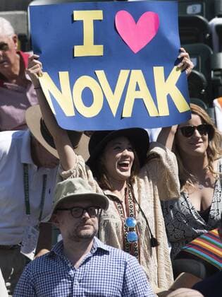 19 March 2016: Fan supporting Novak Djokovic (SRB) during his match defeating Rafael Nadal (ESP) in the men s singles semi-final at the BNP Paribas Open played at the Indian Wells Tennis Garden, Indian Wells, CA (Photo by Cynthia Lum Icon Sportswire) TENNIS: MAR 19 BNP Paribas Open Icon250031916327 EDITORIAL USE ONLY