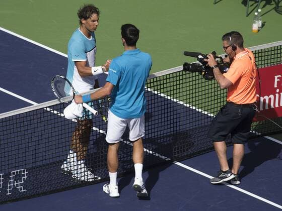19 March 2016: Rafael Nadal (ESP) and Novak Djokovic (SRB) meet at the net after Djokovic defeated Nadal in the men s singles semi-final at the BNP Paribas Open played at the Indian Wells Tennis Garden, Indian Wells, CA (Photo by Cynthia Lum Icon Sportswire) TENNIS: MAR 19 BNP Paribas Open Icon250031916333 EDITORIAL USE ONLY