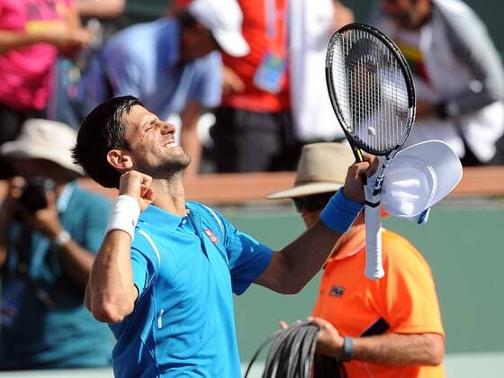 19 Mar. 2016: Novak Djokovic (SRB) reacts after defeating Rafael Nadal (ESP) 7-6(5), 6-2 and advancing to the finals of the BNP Paribas Open played at the Indian Wells Tennis Garden in Indian Wells, CA. (Photo By John Cordes Icon Sportswire) TENNIS: MAR 19 BNP Paribas Open Icon506160319064 EDITORIAL USE ONLY