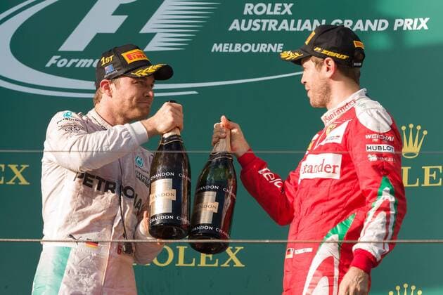 Formel 1, GP von Australien, Rosberg gewinnt Saisonauftakt in Melbourne March 20, 2016: Nico Rosberg (DEU) 6 from the Mercedes AMG Petronas team and Sebastian Vettel (DEU) 5 from the Scuderia Ferrari team on the podium after Rosberg won and Vettle came third at the 2016 Australian Formula One Grand Prix at Albert Park, Melbourne, Australia. Formula One 2016: Australia - Race - ZUMAc04_