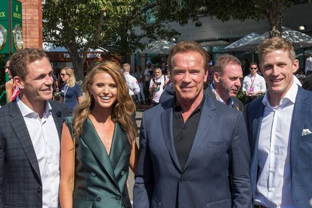March 20, 2016: Arnold Schwarzenegger and the ambassador of the Australian Grand Prix Brittany Davis pose for photographs before the start of the 2016 Australian Formula One Grand Prix at Albert Park, Melbourne, Australia. Formula One 2016: Australia - Race - ZUMAc04_