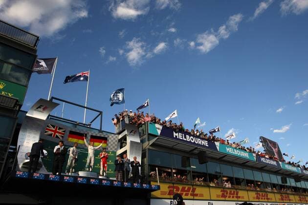 Australian Grand Prix, Melbourne 17 - 20 March 2016 20.03.2016 - Race, 1st position Nico Rosberg (GER) Mercedes AMG F1 W07 Hybrid, 2nd position Lewis Hamilton (GBR) Mercedes AMG F1 W07 Hybrid and 3rd position Sebastian Vettel (GER) Scuderia Ferrari SF16-H 