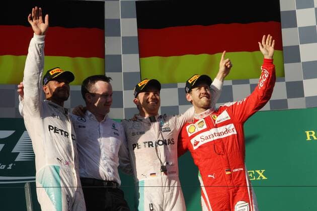 Australian Grand Prix, Melbourne 17 - 20 March 2016 20.03.2016 - Race, 1st position Nico Rosberg (GER) Mercedes AMG F1 W07 Hybrid, 2nd position Lewis Hamilton (GBR) Mercedes AMG F1 W07 Hybrid and 3rd position Sebastian Vettel (GER) Scuderia Ferrari SF16-H 