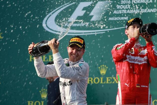 Australian Grand Prix, Melbourne 17 - 20 March 2016 20.03.2016 - Race, Nico Rosberg (GER) Mercedes AMG F1 W07 Hybrid race winner and 3rd position Sebastian Vettel (GER) Scuderia Ferrari SF16-H 
