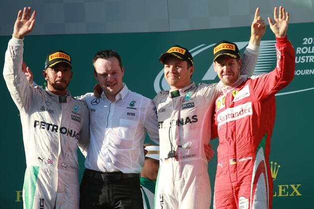 Australian Grand Prix, Melbourne 17 - 20 March 2016 20.03.2016 - Race, 1st position Nico Rosberg (GER) Mercedes AMG F1 W07 Hybrid, 2nd position Lewis Hamilton (GBR) Mercedes AMG F1 W07 Hybrid and Sebastian Vettel (GER) Scuderia Ferrari SF16-H 
