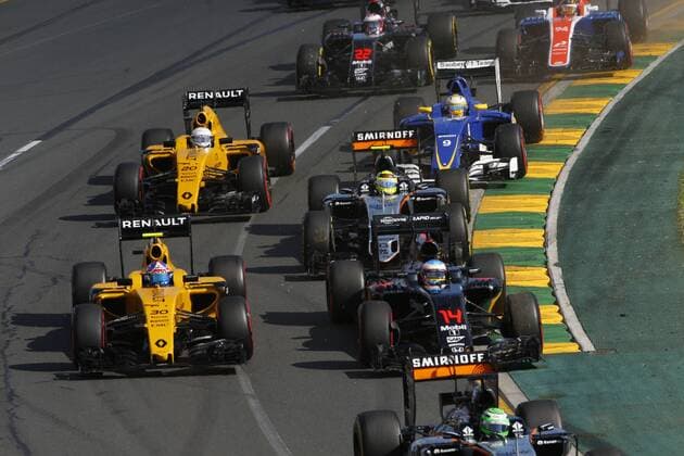 Motorsports: FIA Formula One World Championship WM Weltmeisterschaft 2016, Grand Prix of Australia, 14 Fernando Alonso (ESP, McLaren Honda Formula 1 Team), 30 Jolyon Palmer (GBR, Renault Formula 1 Team), 11 Sergio Perez (MEX, Sahara Force India F1 Team), 20 Kevin Magnussen (DEN, Renault Sport Formula 1 Team), 9 Marcus Ericsson (SWE, Sauber F1 Team), xHOCHxZWEIx