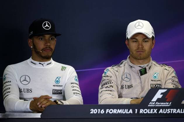 Australian Grand Prix, Melbourne 17 - 20 March 2016 20.03.2016 - Race, press conference PK Pressekonferenz Lewis Hamilton (GBR) Mercedes AMG F1 W07 Hybrid and Nico Rosberg (GER) Mercedes AMG F1 W07 Hybrid 