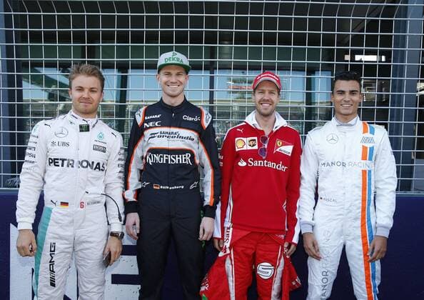 Motorsports: FIA Formula One World Championship WM Weltmeisterschaft 2016, Grand Prix of Australia, 6 Nico Rosberg (GER, Mercedes AMG Petronas Formula One Team), 27 Nico Hulkenberg (GER, Sahara Force India F1 Team), 5 Sebastian Vettel (GER, Scuderia Ferrari), 94 Pascal Wehrlein (GER, Manor Racing F1 Team), xHOCHxZWEIx