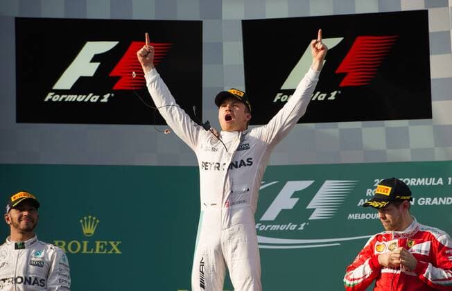 (160320) -- MELBOURNE, March 20, 2016 -- Mercedes AMG Petronas Formula One driver Nico Rosberg (C) of Germany celebrates after winning the Australian Formula One Grand Prix at the Albert Park in Melbourne, Australia, March 20, 2016. ) (SP)AUSTRALIA-MELBOURNE-F1-NICO ROSBERG-WINNER BaixXue 