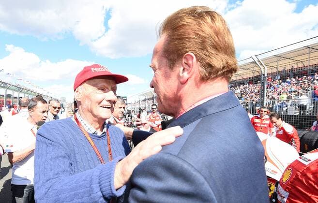 Niki Lauda, RTL, Aufsichtsrat des Formel Mercedes F1 Team, Arnold Schwarzenegger, formula 1 GP, Australien in Melbourne, 20.03.2016 Photo:mspb Jerry Andre Niki Lauda, Arnold Schwarzenegger; formula 1 GP, Australien