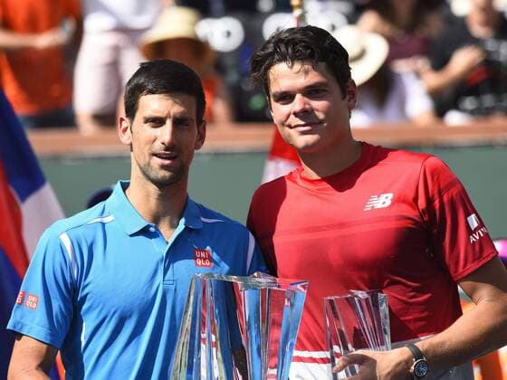 20 March 2016: Novak Djokovic (SRB) Milos Raonic (CAN) pose with trophies after Djokovic defeated Raonic in the men s singles final at the BNP Paribas Open played at the Indian Wells Tennis Garden, Indian Wells, CA (Photo by Cynthia Lum Icon Sportswire) TENNIS: MAR 20 BNP Paribas Open Icon250032016039 EDITORIAL USE ONLY