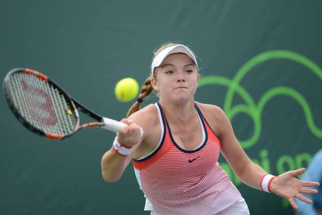 March 21, 2016 - Miami, Florida, U.S. - KATIE SWAN, 17, of Great Britain in action in her qualifying match vs. L. Davis at the Miami Open. Swan stunned Lauren Davis with a 1-6, 6-4, 6-2 win. Tennis 2016 - Miami Open - Qualifying Day 1 - ZUMAl132
