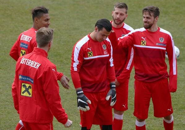 Fußball, Training Nationalteam Österreich SOCCER - AUT vs ALB, test match, preview STEGERSBACH,AUSTRIA,23.MAR.16 - SOCCER - OEFB international match Länderspiel Austria vs Albania, friendly match, preview, training team AUT. Image shows Marc Janko, Guido Burgstaller, Heinz Lindner, Rubin Okotie and Martin harnik (AUT). GEPAxpictures xChristianxOrt