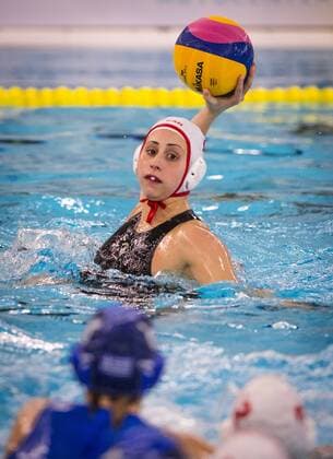 FINA Women s Water polo Wasserball Olympic Games Olympische Spiele Olympia OS Qualifications Tournament 2016 Canada CAN (White) Vs Greece GRE (Blue) 7 Joelle Bakhazi CAN Gouda - Swimming pool Groenhovenbad Day3 23-03-2016 Photo P.xMesiano Insidefoto Deepbluemedia PasqualexMesiano