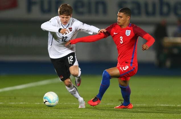 SOCCER - U18, AUT vs ENG, test match WIENER NEUSTADT,AUSTRIA,23.MAR.16 - SOCCER - OEFB Under-18 international match Länderspiel Austria vs England, friendly match. Image shows Oliver Filip (AUT) and Cameron Humphreys (ENG). GEPAxpictures xCh.xKelemen