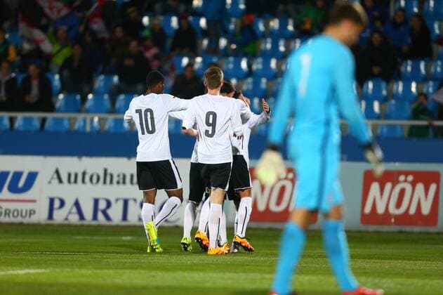 SOCCER - U18, AUT vs ENG, test match WIENER NEUSTADT,AUSTRIA,23.MAR.16 - SOCCER - OEFB Under-18 international match Länderspiel Austria vs England, friendly match. Image shows the rejoicing of AUT. GEPAxpictures xCh.xKelemen