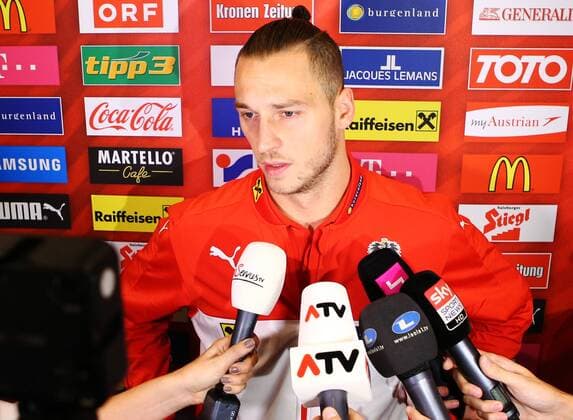Fußball, Nationalteam Österreich PK SOCCER - AUT vs ALB, test match, preview STEGERSBACH,AUSTRIA,24.MAR.16 - SOCCER - OEFB international match Länderspiel Austria vs Albania, friendly match, preview, mixed zone team AUT. Image shows Marko Arnautovic (AUT). Keywords: press conference PK Pressekonferenz GEPAxpictures xChristianxOrt