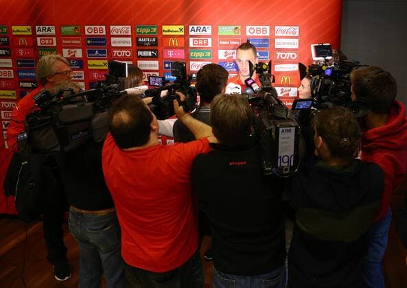 SOCCER - AUT vs ALB, test match, preview STEGERSBACH,AUSTRIA,24.MAR.16 - SOCCER - OEFB international match Länderspiel Austria vs Albania, friendly match, preview, mixed zone team AUT. Image shows Marko Arnautovic (AUT). Keywords: press conference PK Pressekonferenz GEPAxpictures xChristianxOrt