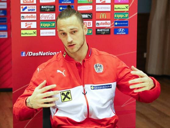 SOCCER - AUT vs ALB, test match, preview STEGERSBACH,AUSTRIA,24.MAR.16 - SOCCER - OEFB international match Länderspiel Austria vs Albania, friendly match, preview, mixed zone team AUT. Image shows Marko Arnautovic (AUT). Keywords: press conference PK Pressekonferenz GEPAxpictures xChristianxOrt