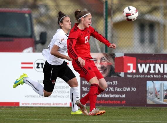 SOCCER - UEFA U17 U 17 EURO quali women, AUT vs GER ROHRENDORF,AUSTRIA,24.MAR.16 - WOMEN SOCCER - UEFA Women s Under-17 championship, qualification, Elite round, OEFB international match Länderspiel Austria vs Germany. Image shows Besijana Pireci (AUT) and Sydney Lohmann (GER). GEPAxpictures xWalterxLuger