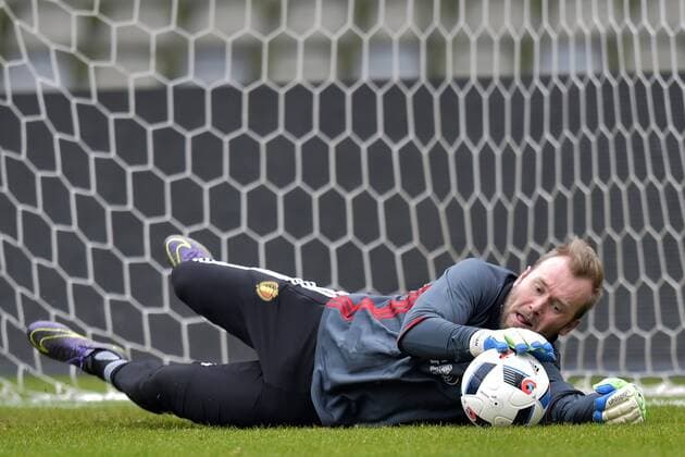 Belgium s goalkeeper Jean-Francois Gillet pictured in action during a training session of the Belgian national soccer team Red Devils, Thursday 24 March 2016 in Brussels. The Red Devils will play a friendly game in and against Portugal on 29 March, the match was moved due to safety concerns after the Brussels terrorists attacks. The game is a preparation for the upcoming Euro2016. PETERxDExVOECHT  x04819971x