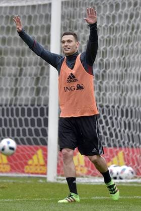 Belgium s Thomas Vermaelen reacts during a training session of the Belgian national soccer team Red Devils, Thursday 24 March 2016 in Brussels. The Red Devils will play a friendly game in and against Portugal on 29 March, the match was moved due to safety concerns after the Brussels terrorists attacks. The game is a preparation for the upcoming Euro2016. PETERxDExVOECHT  x04819968x