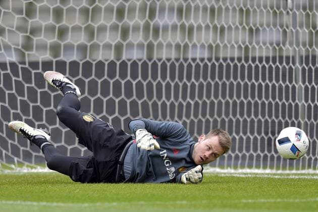 Belgium s goalkeeper Simon Mignolet a training session of the Belgian national soccer team Red Devils, Thursday 24 March 2016 in Brussels. The Red Devils will play a friendly game in and against Portugal on 29 March, the match was moved due to safety concerns after the Brussels terrorists attacks. The game is a preparation for the upcoming Euro2016. PETERxDExVOECHT  x04819967x