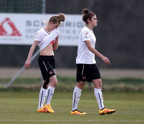 SOCCER - UEFA U17 U 17 EURO quali women, AUT vs GER ROHRENDORF,AUSTRIA,24.MAR.16 - WOMEN SOCCER - UEFA Women s Under-17 championship, qualification, Elite round, OEFB international match Länderspiel Austria vs Germany. Image shows the disappointment of Jana Scharnboeck and Evelny Kurz (AUT). GEPAxpictures xWalterxLuger