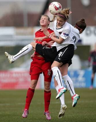 SOCCER - UEFA U17 U 17 EURO quali women, AUT vs GER ROHRENDORF,AUSTRIA,24.MAR.16 - WOMEN SOCCER - UEFA Women s Under-17 championship, qualification, Elite round, OEFB international match Länderspiel Austria vs Germany. Image shows Marie Mueller (GER) and Laura Wienroither (AUT). GEPAxpictures xWalterxLuger
