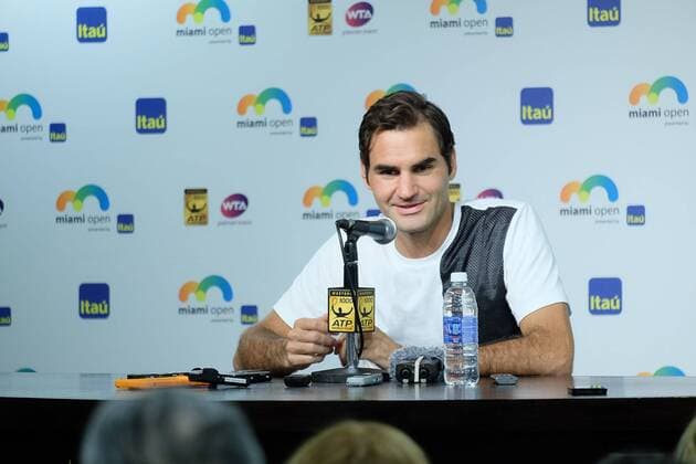 Swedish tennis player Roger Federer adresses the media during the first journey of the Masculine Miami Tennis Open in Cayo Vizcaino, Miami, FL, United States, 24 March 2016. MIAMI TENNIS OPEN !ACHTUNG: NUR REDAKTIONELLE NUTZUNG!  MIA003 20160324-635944486941811546