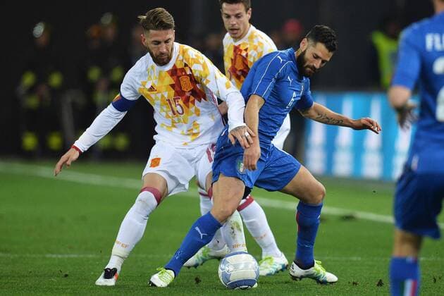 Sergio Ramos Spagna, Antonio Candreva Italia Udine 24-03-2016 Stadio Friuli Football Calcio friendly (Nationalmannschaft) match Italy - Spain andreaxstaccioli