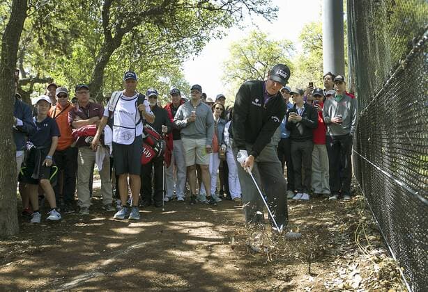 March 24, 2016 - Austin, TX, USA - Phil Mickelson is nearly out of bounds on the 6th hole against Daniel Berger during second-round pool play action in the World Golf Championships Dell Match Play tournament at Austin Country Club in Austin, Texas, on Thursday, March 24, 2016. World Golf Championships Dell Match Play tournament - ZUMAm67_
