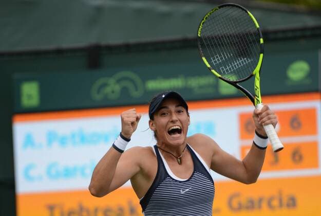March 24, 2016 - Miami, Florida, United States - CAROLINE GARCIA of France celebrates winning her match vs A. Petkovic at the Miami Open. Tennis 2016 - Miami Open - Day 4 - ZUMAl132