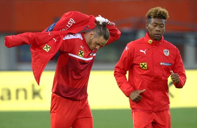 SOCCER - AUT vs ALB, test match, preview VIENNA,AUSTRIA,25.MAR.16 - SOCCER - OEFB international match Länderspiel Austria vs Albania, friendly match, preview, training team AUT. Image shows Marko Arnautovic and David Alaba (AUT). GEPAxpictures xChristianxOrt