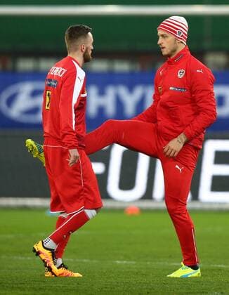 SOCCER - AUT vs ALB, test match, preview VIENNA,AUSTRIA,25.MAR.16 - SOCCER - OEFB international match Länderspiel Austria vs Albania, friendly match, preview, training team AUT. Image shows Jakob Jantscher and Marko Arnautovic (AUT). GEPAxpictures xChristianxOrt
