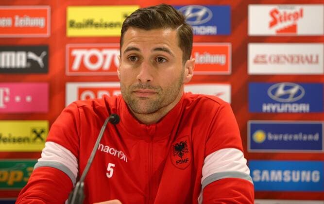 SOCCER - AUT vs ALB, test match, preview VIENNA,AUSTRIA,25.MAR.16 - SOCCER - OEFB international match Länderspiel Austria vs Albania, friendly match, preview, press conference PK Pressekonferenz team ALB. Image shows Lorik Cana (ALB). GEPAxpictures xChristianxOrt