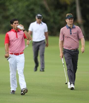 25 March 2016: Max Alverio Lucas Lee, and Billy Hurley III (left to right) walk toward the green on hole 13 in the second Round of the Puerto Rico Open, in Rio Grande, PR (Photo by Bradley Rex Icon Sportswire) GOLF: MAR 25 PGA Golf Herren - Puerto Rico Open - Second Round Icon16032430 EDITORIAL USE ONLY