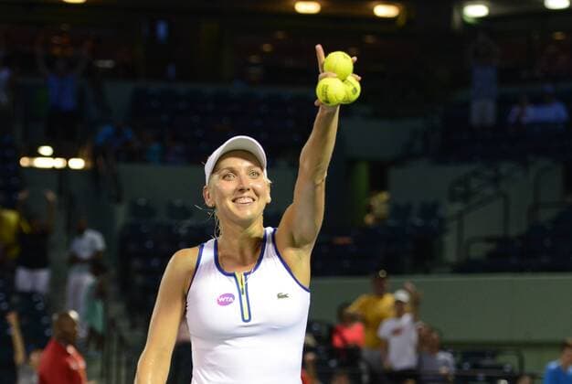 March 25, 2016 - Miami, Florida, United States - ELENA VESNINA hits some tennis balls into the crowd after winning her match vs. V. Williams at the Miami Open. Tennis 2016 - Miami Open - Day 5 - ZUMAl132