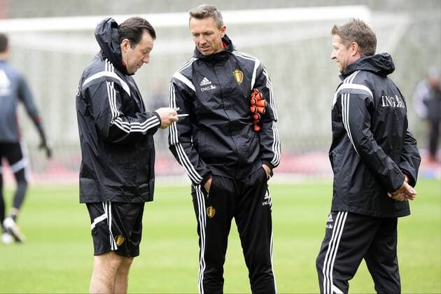 Belgium s head coach Marc Wilmots, Belgium s goalkeeper coach Erwin Lemmens and Belgium s assistant coach Vital Borkelmans pictured during a training session of the Belgian national soccer team (Nationalteam) Red Devils, Saturday 26 March 2016 in Brussels. The Red Devils will play a friendly game in and against Portugal on 29 March, the match was moved due to safety concerns after the Brussels terrorists attacks. The game is a preparation for the upcoming Euro2016. NICOxVEREECKEN  x04821480x