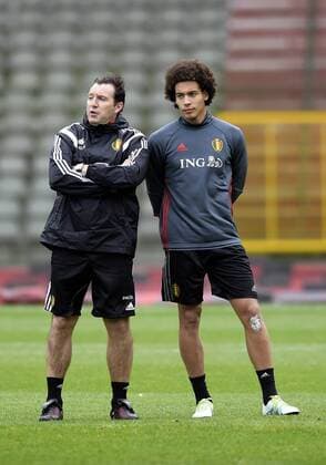 Belgium s head coach Marc Wilmots and Belgium s Axel Witsel pictured during a training session of the Belgian national soccer team (Nationalteam) Red Devils, Saturday 26 March 2016 in Brussels. The Red Devils will play a friendly game in and against Portugal on 29 March, the match was moved due to safety concerns after the Brussels terrorists attacks. The game is a preparation for the upcoming Euro2016. NICOxVEREECKEN  x04821539x