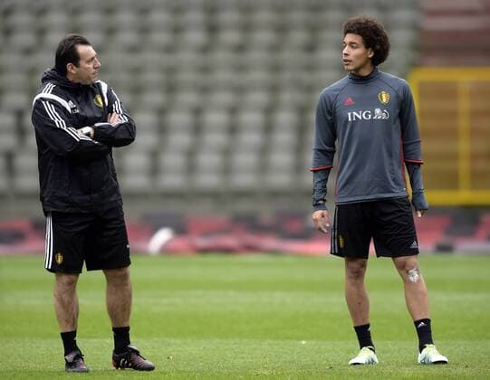 Belgium s head coach Marc Wilmots and Belgium s Axel Witsel pictured during a training session of the Belgian national soccer team (Nationalteam) Red Devils, Saturday 26 March 2016 in Brussels. The Red Devils will play a friendly game in and against Portugal on 29 March, the match was moved due to safety concerns after the Brussels terrorists attacks. The game is a preparation for the upcoming Euro2016. NICOxVEREECKEN  x04821520x
