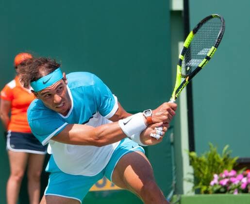 March 26, 2016: Rafael Nadal (ESP) plays against Damir Dzumhur (BIH)play their second round mens singles match during the Miami Open Presented by Itau at Crandon Park Tennis Center in Key Biscayne, Florida (Photo by Michele Eve Sandberg Icon Sportswire) TENNIS: MAR 26 Miami Open Icon1603261324 EDITORIAL USE ONLY