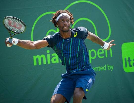 March 26, 2016: Gael Monfils (FRA) returns the ball Ito Tatsuma (JPN) in the second round mens singles match at the Miami Open Presented by Itau at Crandon Park Tennis Center in Key Biscayne, Florida (Photo by Michele Eve Sandberg Icon Sportswire) TENNIS: MAR 26 Miami Open Icon1603261353 EDITORIAL USE ONLY