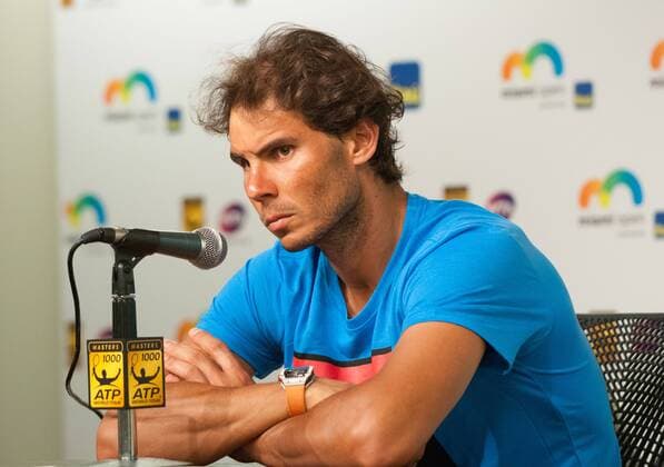 March 26, 2016: Rafael Nadal (ESP) speaking at his press after fading in the subtropical heat and retired after falling behind in the third set of his opening match Saturday at the Miami Open against Damir Dzumhur. (Photo by Michele Eve Sandberg Icon Sportswire) TENNIS: MAR 26 Miami Open Icon1603261369 EDITORIAL USE ONLY