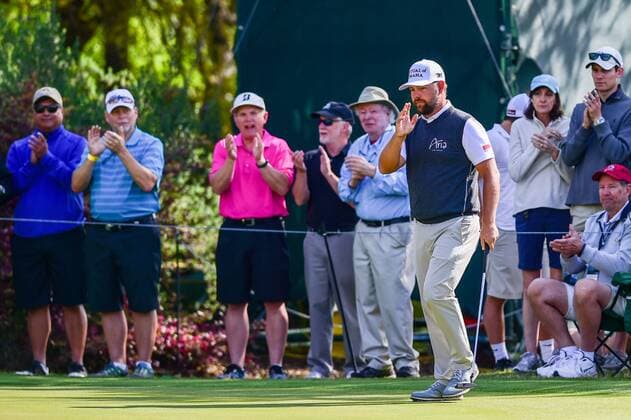 26 MAR 2016: Ryan Moore acknowledges the gallery after sinking a putt on number 10 during the World Golf Championships - Dell Match Play Round 4 at the Austin Country Club Austin, Texas. (Photo by Ken Murray Icon Sportswire) GOLF: MAR 26 PGA Golf Herren - World Golf Championships-Dell Match Play - Round 4 Icon1603264025 EDITORIAL USE ONLY