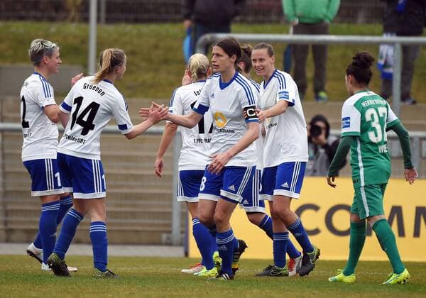 27.03.2016, xjhx, Fussball 1.Bundesliga Damen, 1.FFC Frankfurt - SV Werder Bremen, emspor, v.l. Kerstin Garefrekes (1.FFC Frankfurt) celebrate the goal, Torjubel zum 2:0