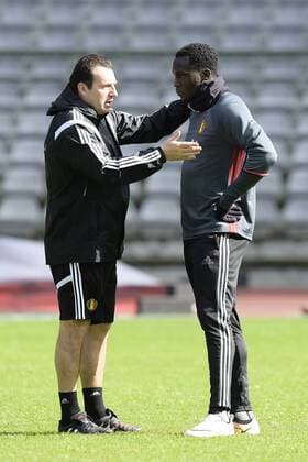 Belgium s head coach Marc Wilmots and Belgium s Romelu Lukaku pictured during a training session of the Belgian national soccer team Red Devils, Sunday 27 March 2016 in Brussels. The Red Devils will play a friendly game in and against Portugal on 29 March, the match was moved due to safety concerns after the Brussels terrorists attacks. The game is a preparation for the upcoming Euro2016. NICOxVEREECKEN  x04821809x