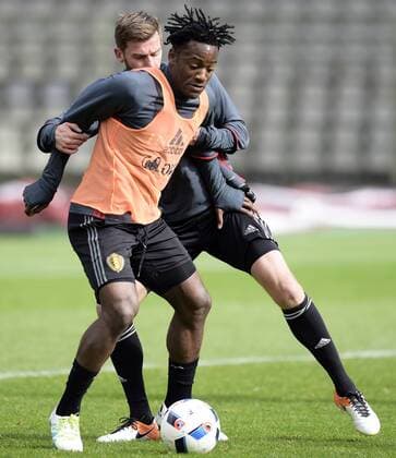 Belgium s Michy Batshuayi and Belgium s Nicolas Lombaerts pictured during a training session of the Belgian national soccer team Red Devils, Sunday 27 March 2016 in Brussels. The Red Devils will play a friendly game in and against Portugal on 29 March, the match was moved due to safety concerns after the Brussels terrorists attacks. The game is a preparation for the upcoming Euro2016. NICOxVEREECKEN  x04821796x