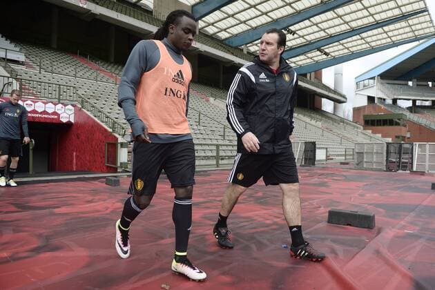 Belgium s Jordan Lukaku and Belgium s head coach Marc Wilmots pictured during a training session of the Belgian national soccer team Red Devils, Sunday 27 March 2016 in Brussels. The Red Devils will play a friendly game in and against Portugal on 29 March, the match was moved due to safety concerns after the Brussels terrorists attacks. The game is a preparation for the upcoming Euro2016. NICOxVEREECKEN  x04821770x
